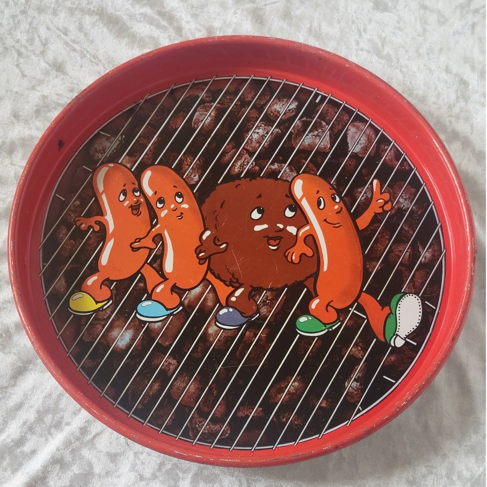 Vtg Funny Metal Serving Tray Hot Dogs Hamburger BBQ Grill Cartoon Retro Cheinco